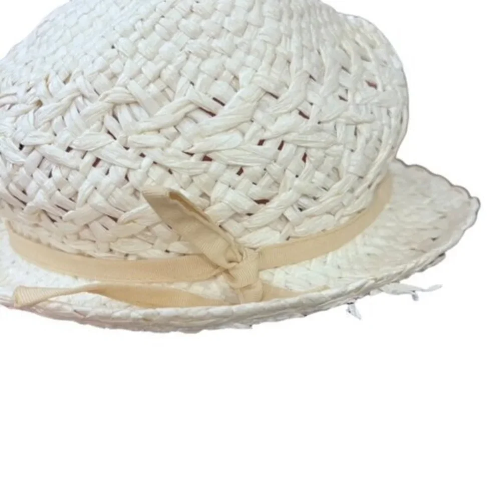 White Paper Bucket Hat Beige Ribbon Summer Sun Beaded Beach Pool Vacation Travel